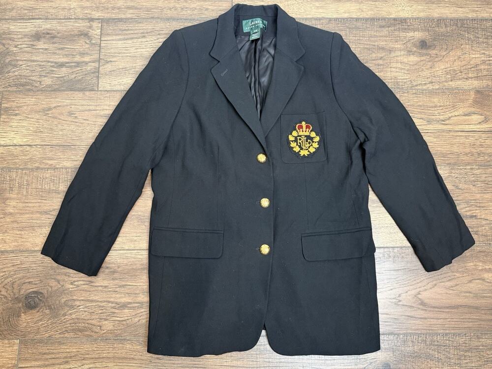 Vintage Lauren Ralph Lauren Navy Wool Blazer 14W Crest Embroidered Gold Buttons